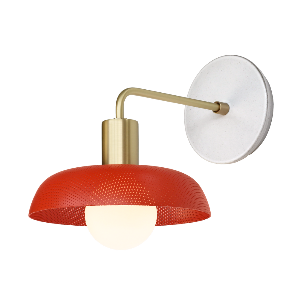 Sally Sconce shown with Persimmon perforated shade, Brass accent finish, and Brownstone White Swift ceramic canopy.