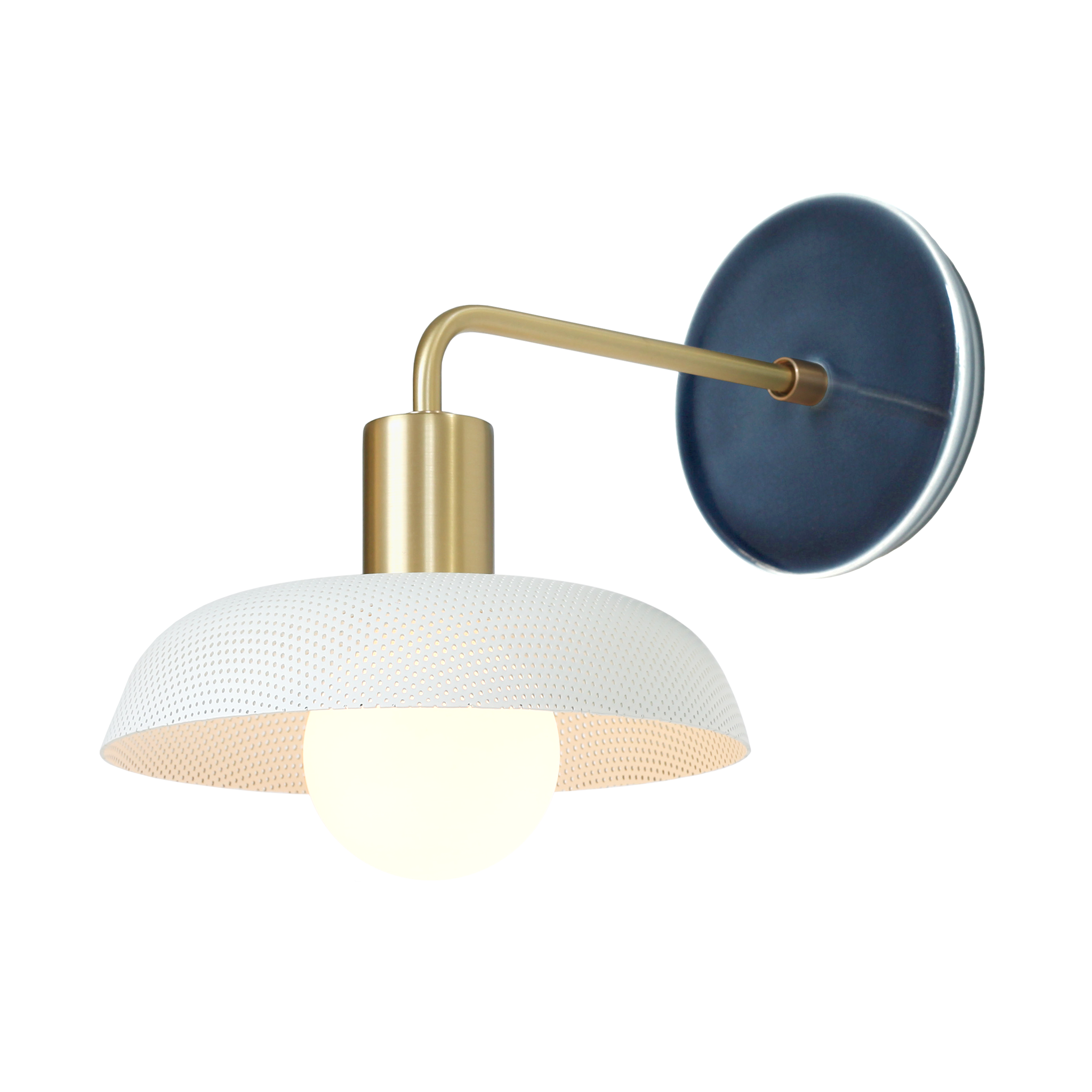 Sally Sconce shown with White perforated shade, Brass accent finish, and Indigo Blue Swift ceramic canopy