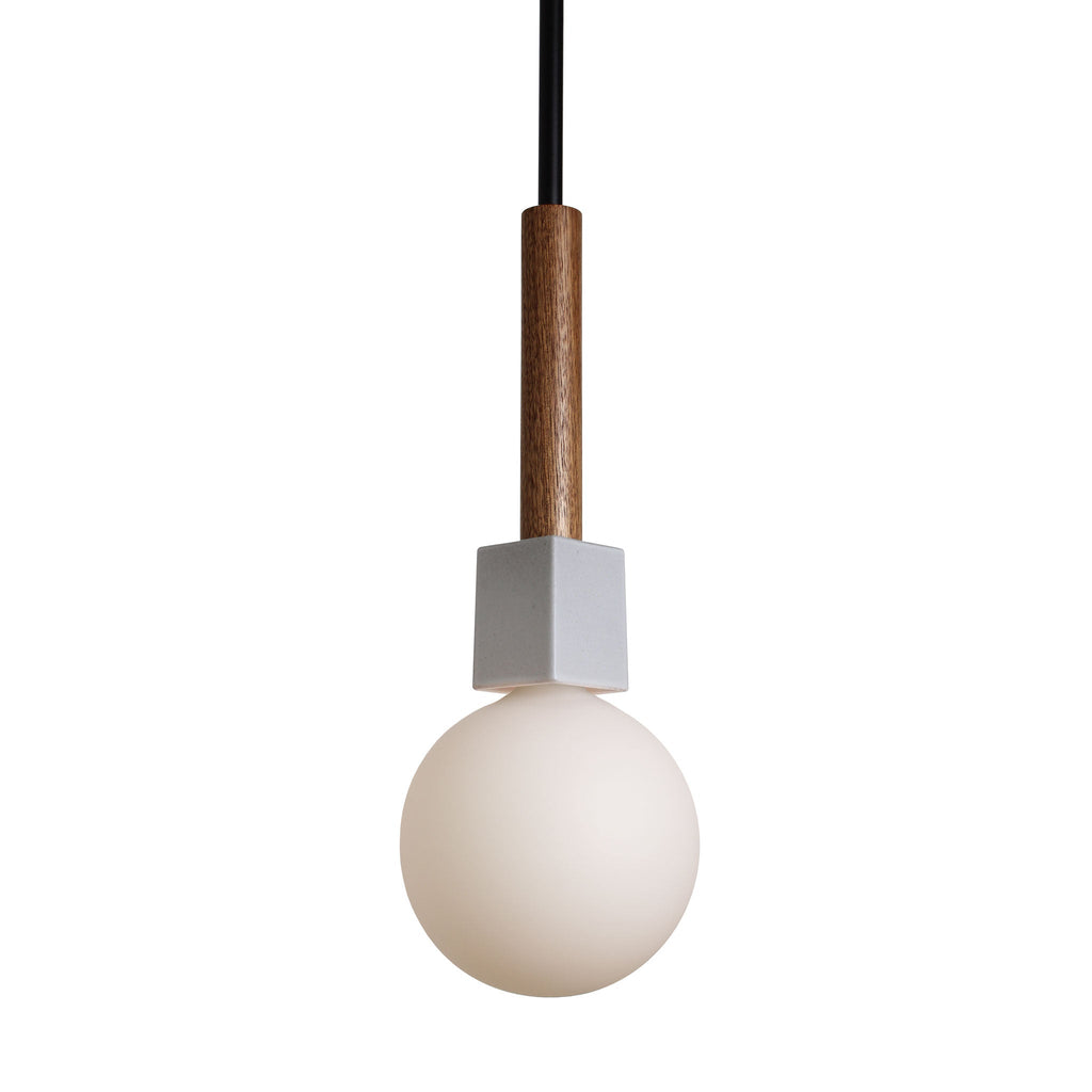 Seneca Pendant. Ceramic brownstone white glazed socket cup, walnut wood, and matte black rod shown. (Sphere IV light bulb shown, not included). Cedar and Moss.