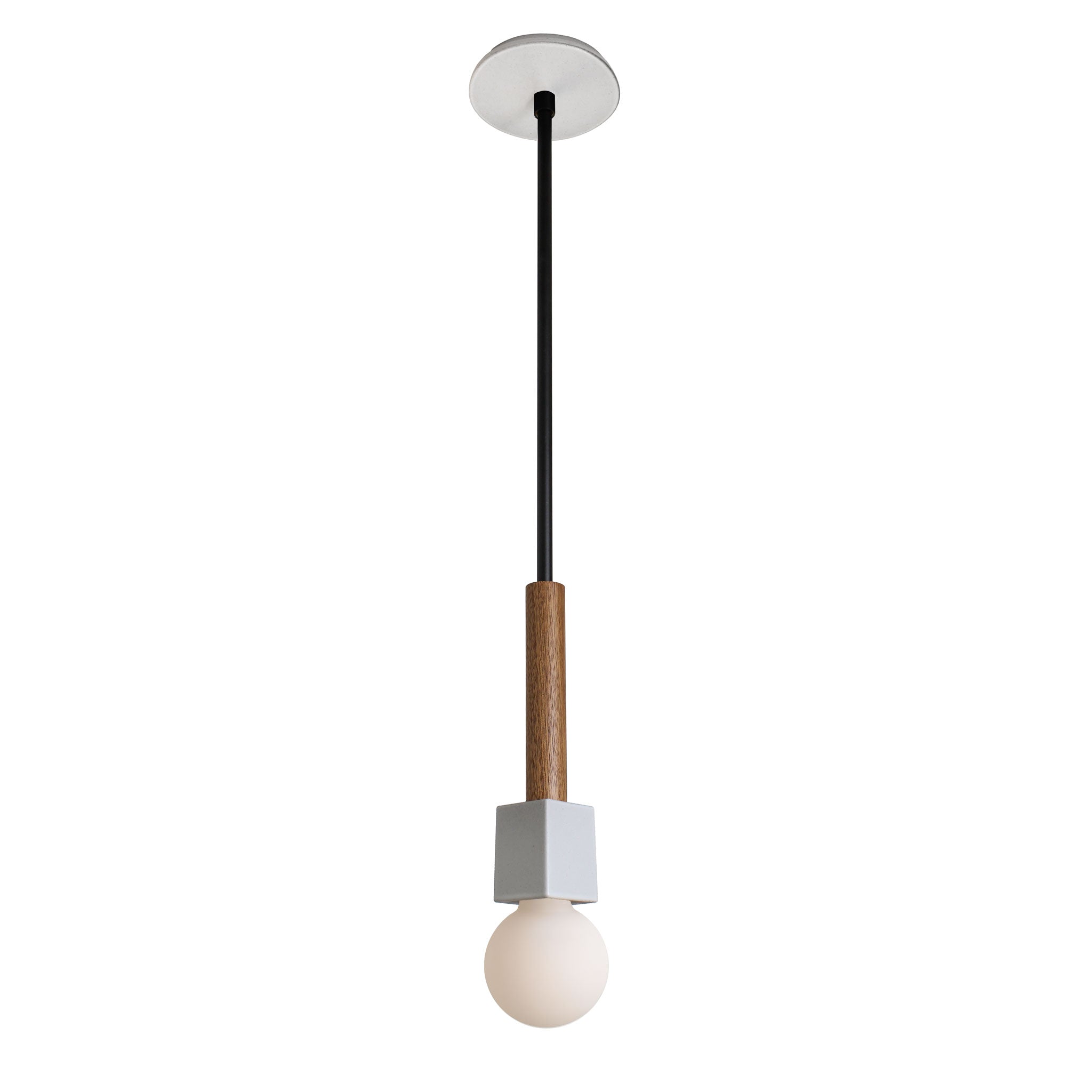 Seneca Pendant shown in Walnut with Swift pattern Brownstone White ceramic canopy