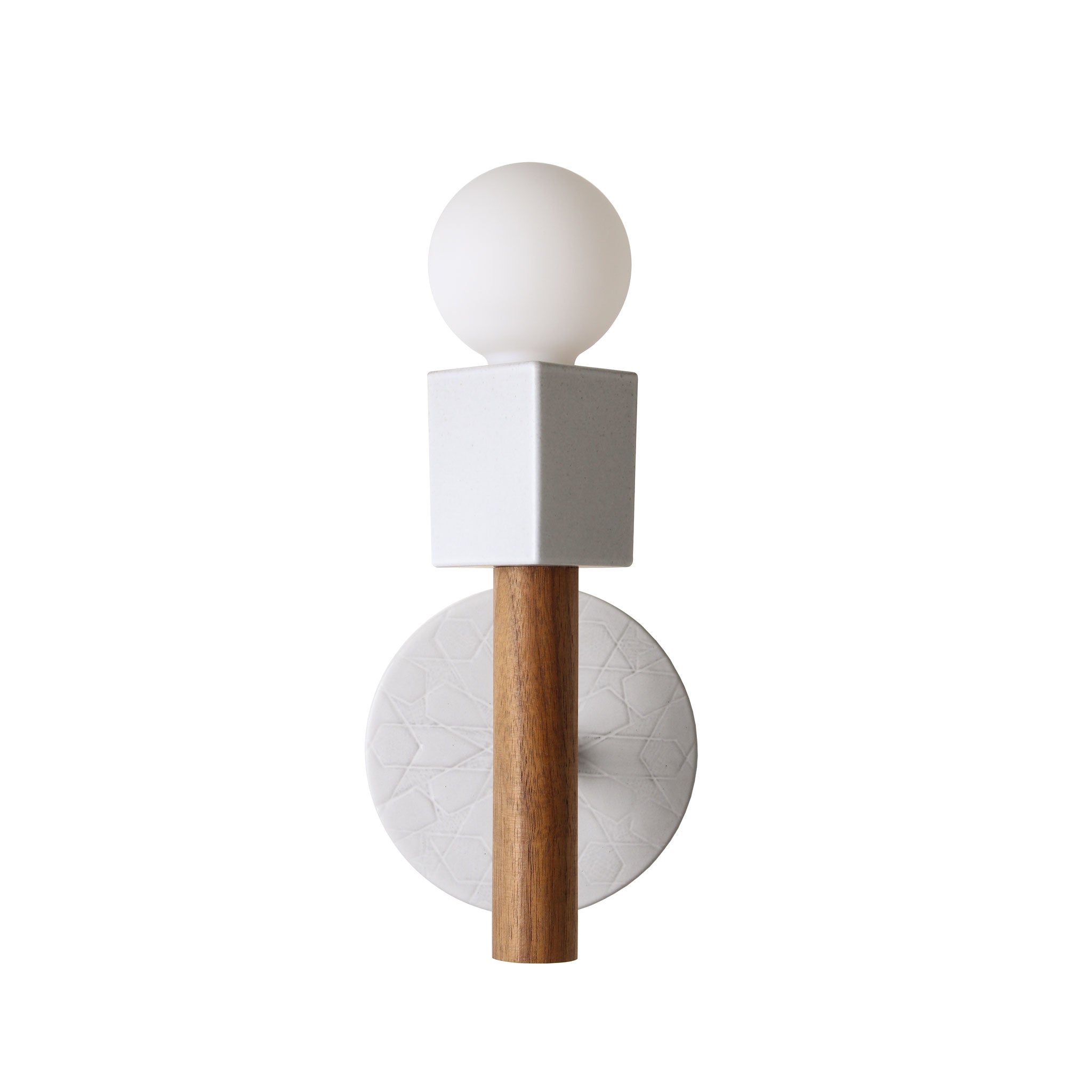 Seneca Sconce shown in with a star pattern Brownstone White ceramic canopy and Walnut