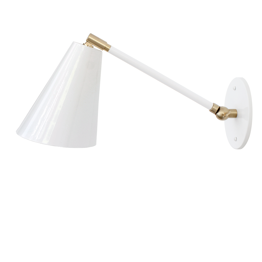 Tilt Cone Single Articulated shown in White with Brass Accents.