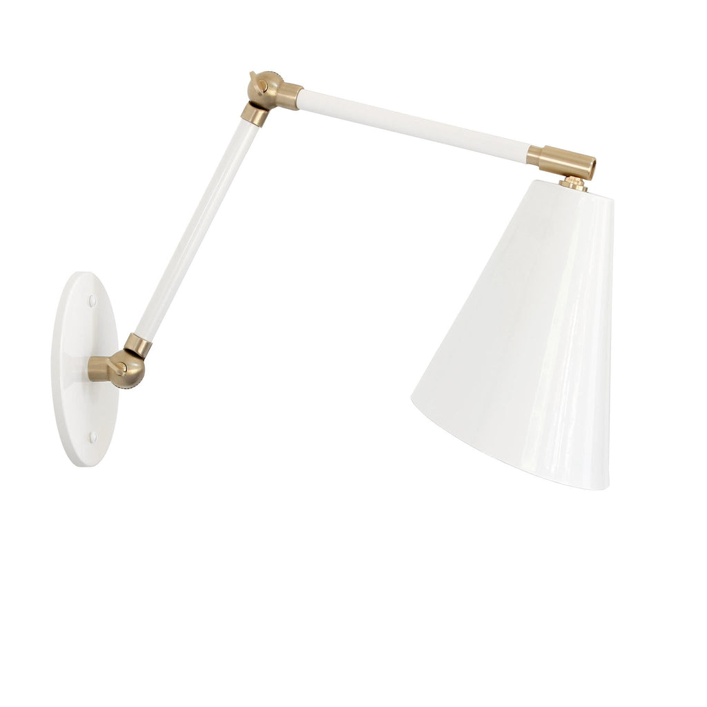 Tilt Cone Double Articulate shown in White with Brass Accents.