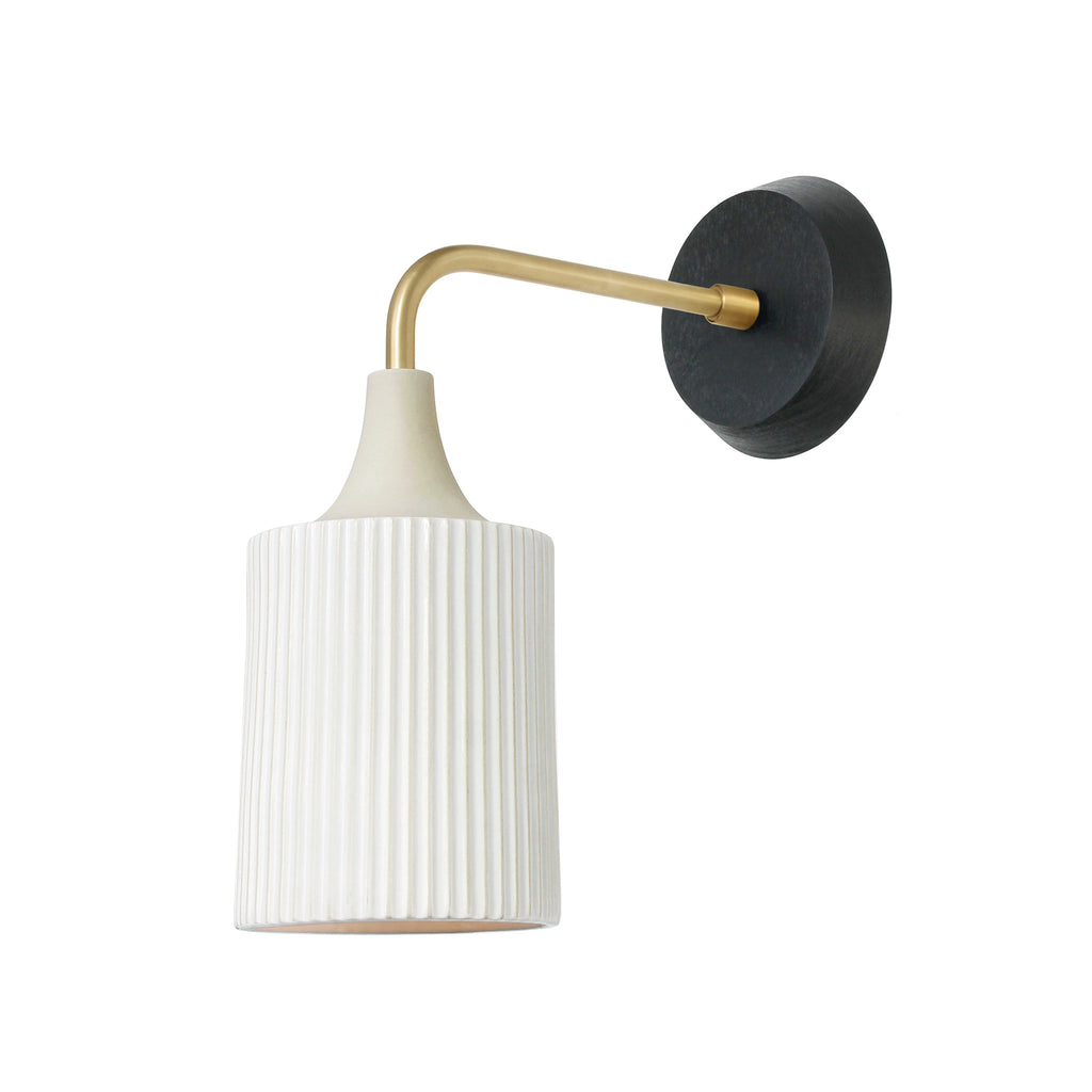 Tumwater Wall Sconce. Shown in Brass with Black Stained Birch Canopy. Cedar and Moss. 