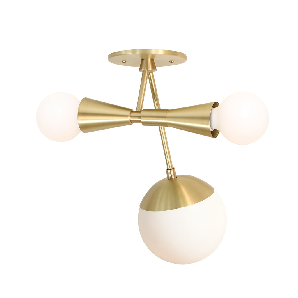 Voyage shown in  Brass and Opal glass shades.