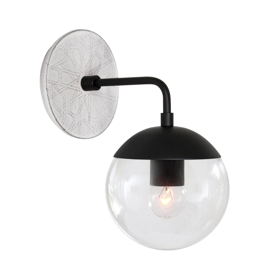 Alto Sconce 6" with Ceramic Canopy shown in Matte Black with a Brownstone White Star Ceramic Canopy Patttern and a Clear 6" globe.