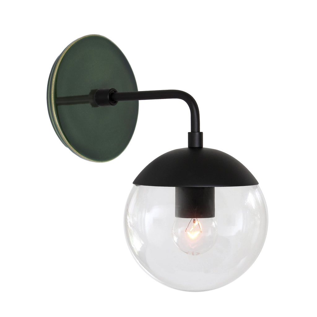 Alto Sconce 6" with Ceramic Canopy shown in Matte Black with a Forest Green Swift Ceramic Canopy Pattern and a Clear 6" globe.
