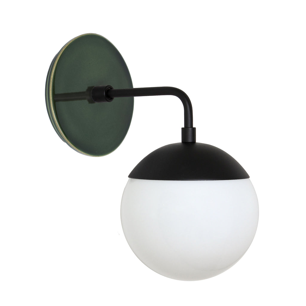 Alto Sconce 6" with Ceramic Canopy shown in Matte Black with a Forest Green Swift Ceramic Canopy Pattern and an Opal 6" globe.