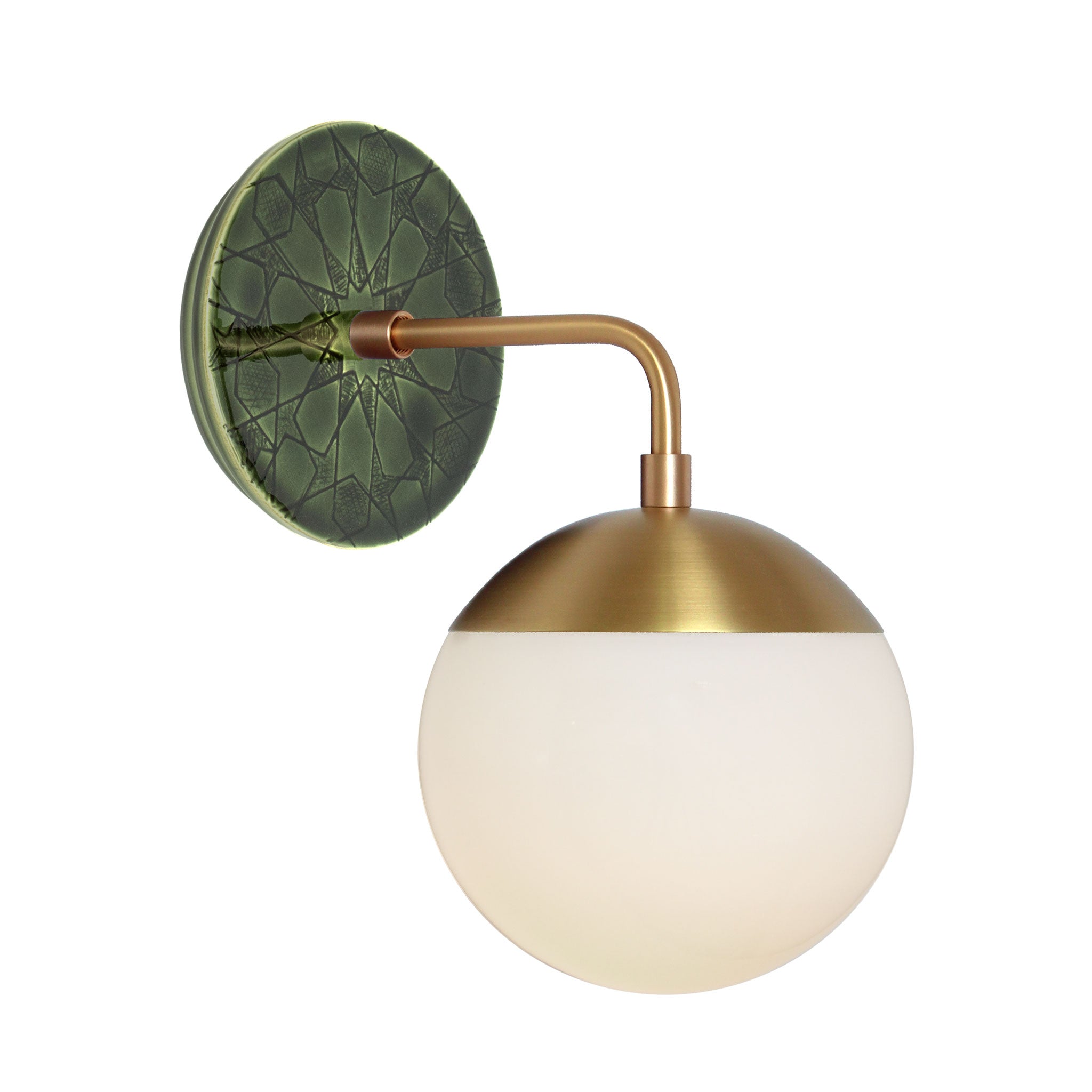 Alto Sconce 6" with Ceramic Canopy shown in Brass with a Forest Green Star Ceramic Canopy Pattern and an Opal 6" globe