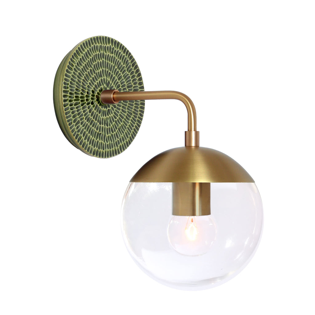 Alto Sconce 6" with Ceramic Canopy shown in Brass with a Forest Green Sunflower Ceramic Canopy Pattern and a Clear 6" globe.