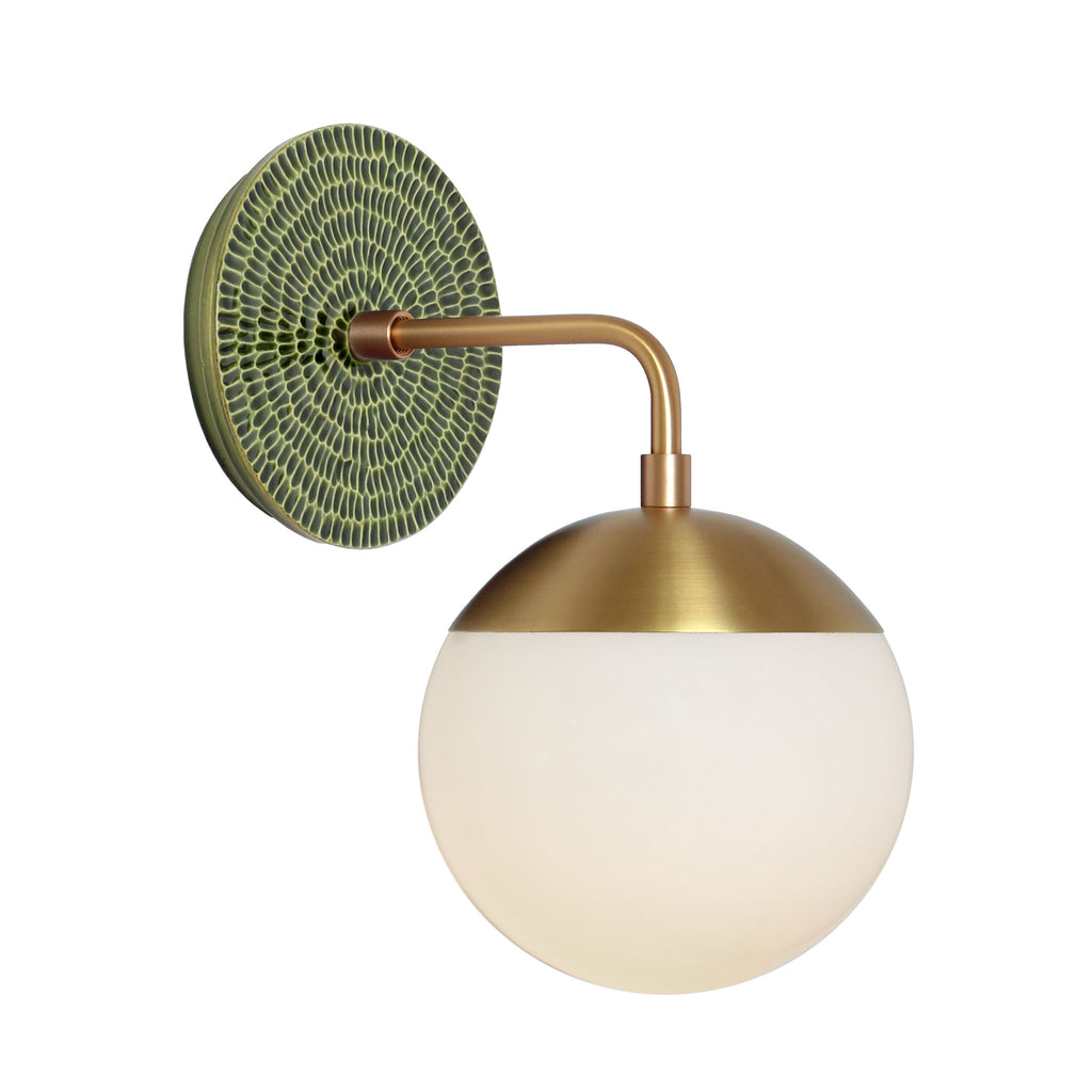 Alto Sconce 6" with Ceramic Canopy shown in Brass with a Forest Green Sunflower Ceramic Canopy Pattern and an Opal 6" globe.