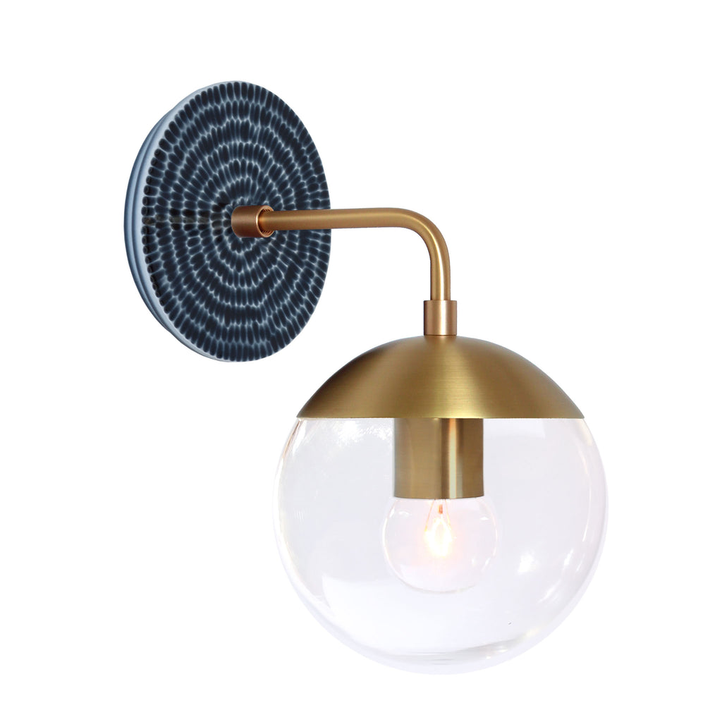 Alto Sconce 6" with Ceramic Canopy shown in Brass with an Indigo Blue Sunflower Ceramic Canopy Pattern and a Clear 6" globe.