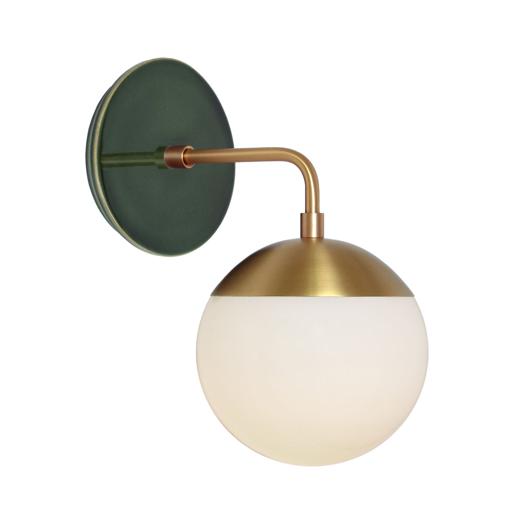 Alto Sconce 6" with Ceramic Canopy shown in Brass with a Forest Green Swift Ceramic Canopy Pattern and an Opal 6" globe.