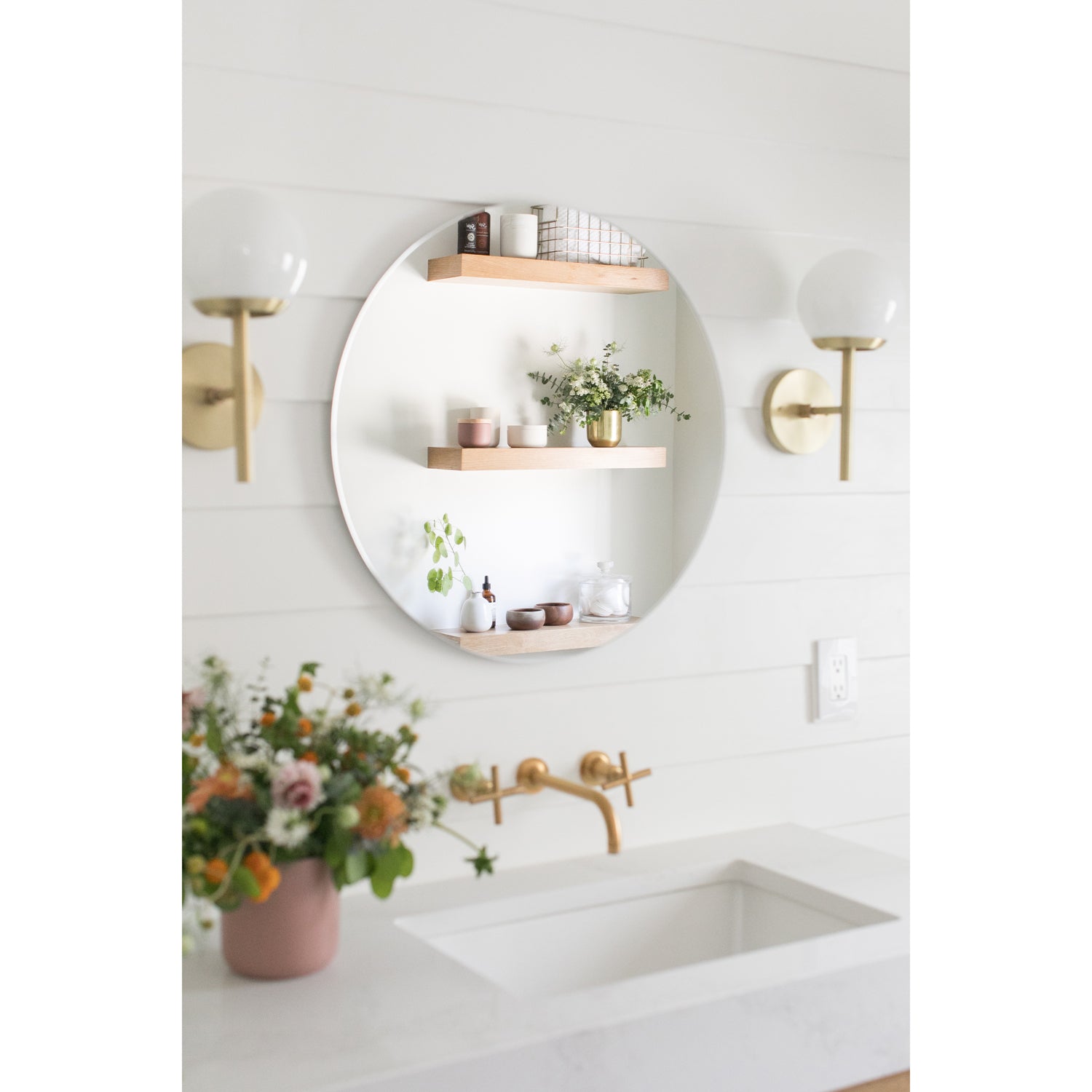 Athena 6" shown in Brass with Opal 6" globes.  Design by Sarah Sherman Samuel for Sugar and Charm