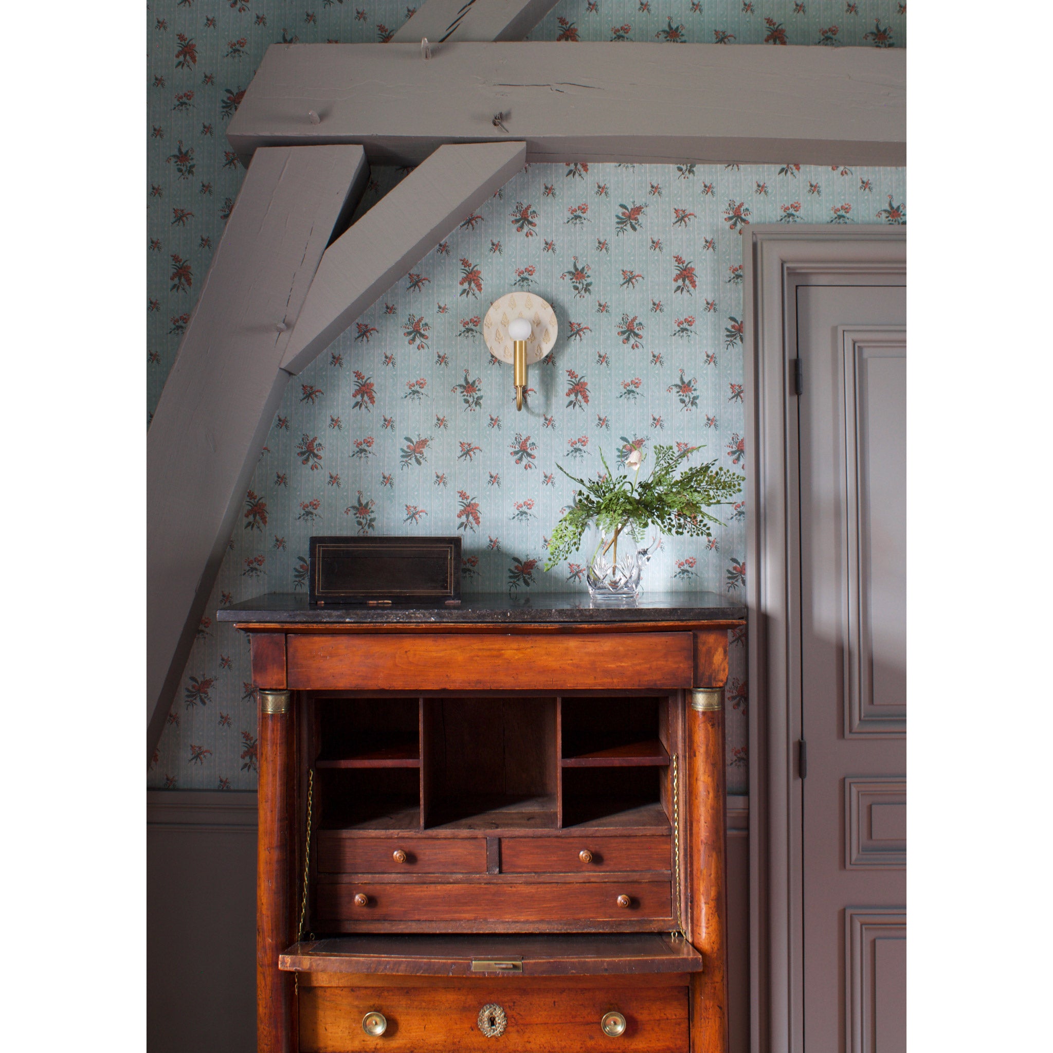 Edith ADA Sconce shown in Heirloom Brass with Natural White and Cream Floral Ceramic