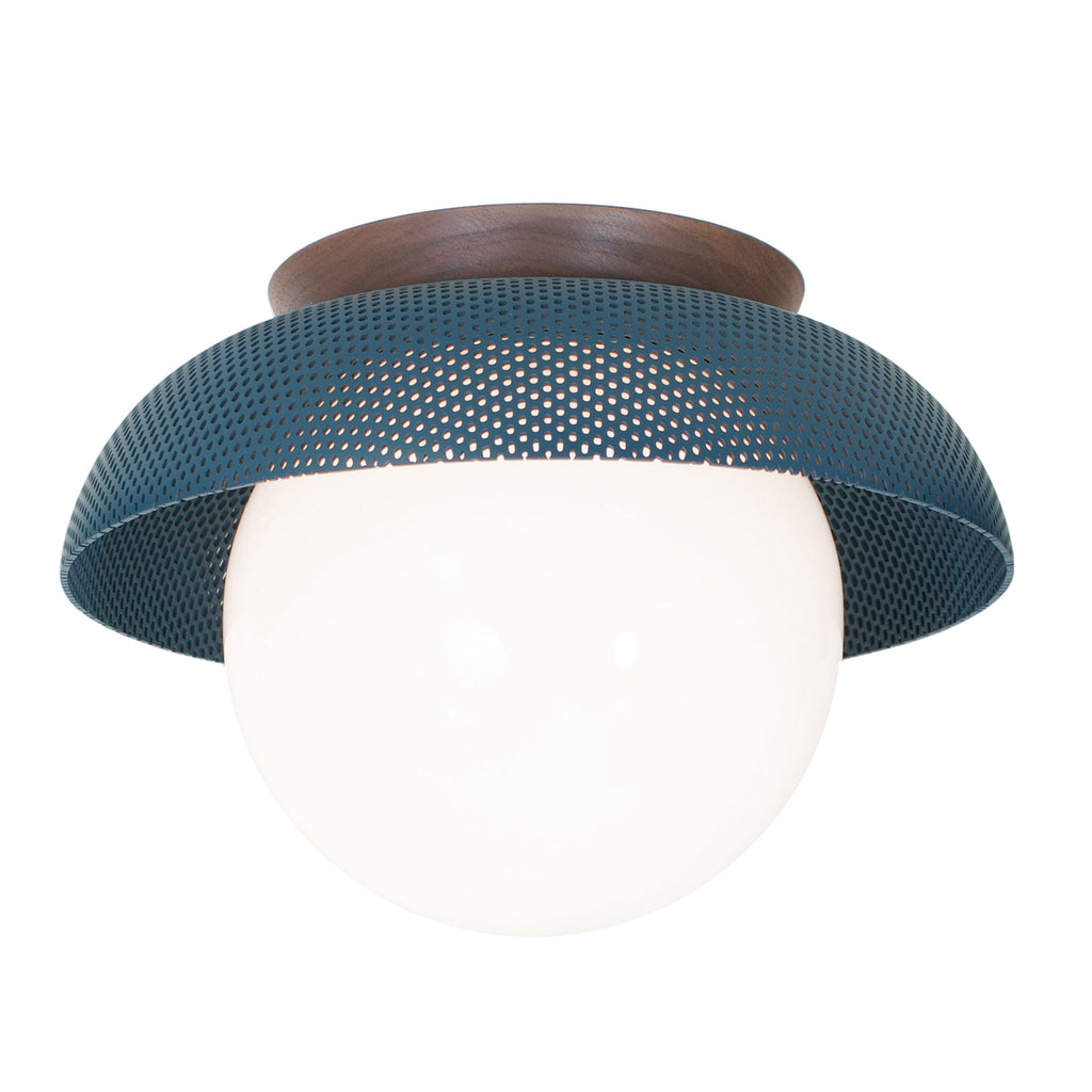 Lexi Large 8” shown with a Perforated shade in Ocean Blue and Walnut canopy.