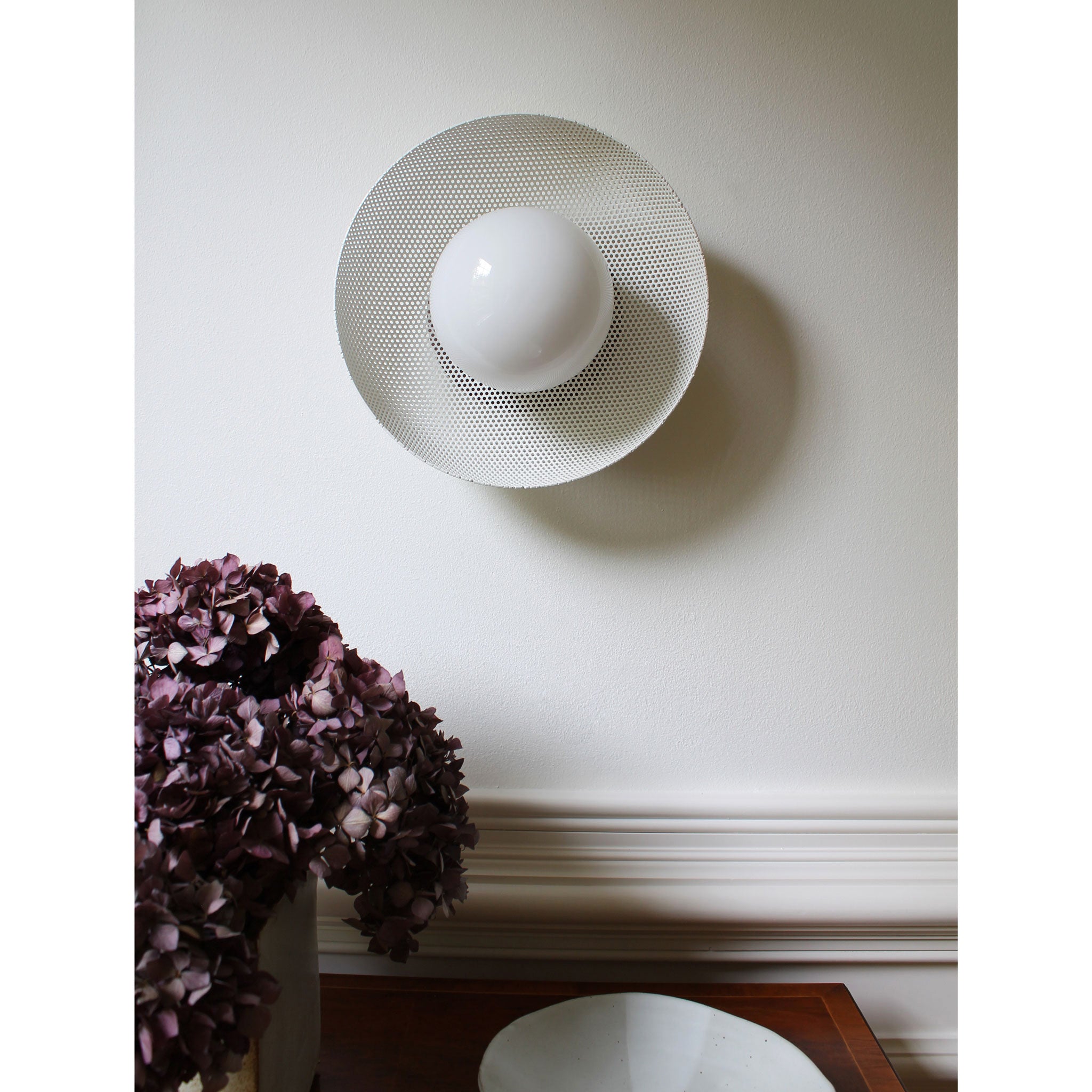 Lexi Large 6” shown with a Perforated shade in White and Walnut canopy