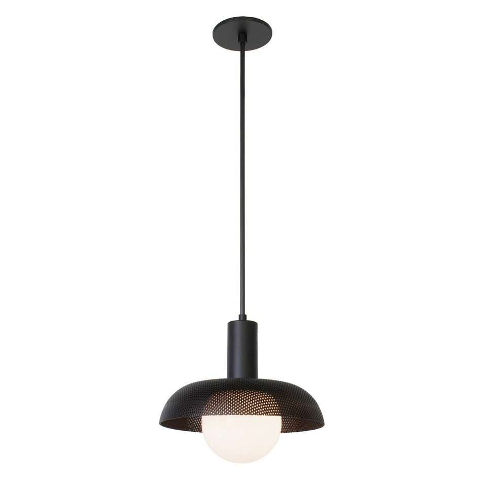 Lexi Large Pendant shown with Matte Black Perforated Shade Finish and Matte Black Fixture Finish.