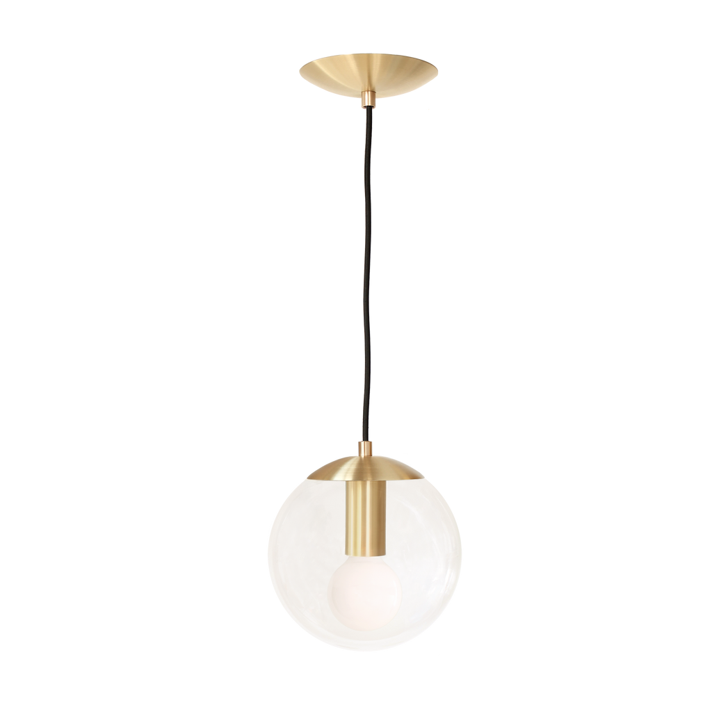 Alto Cord 8" shown in Brass with Black Cloth Cord and a Clear 8" Globe.