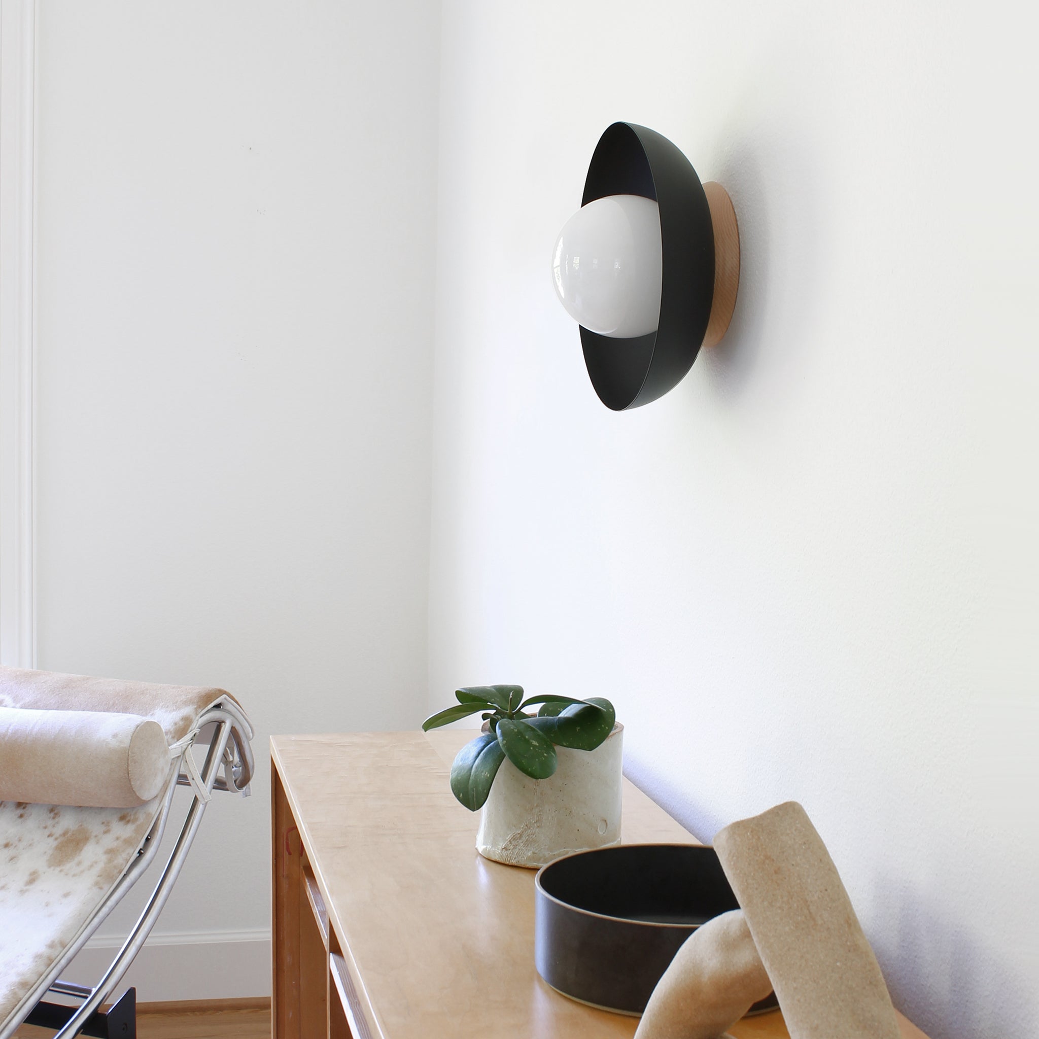 Lexi Large 6” shown with a Solid shade in Matte Black and Maple canopy