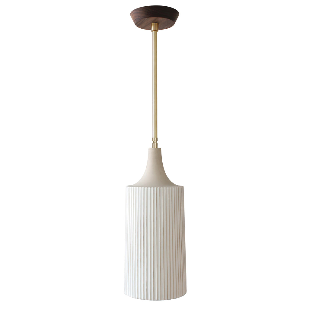 Tumwater Large Pendant shown in Brass with Walnut canopy.