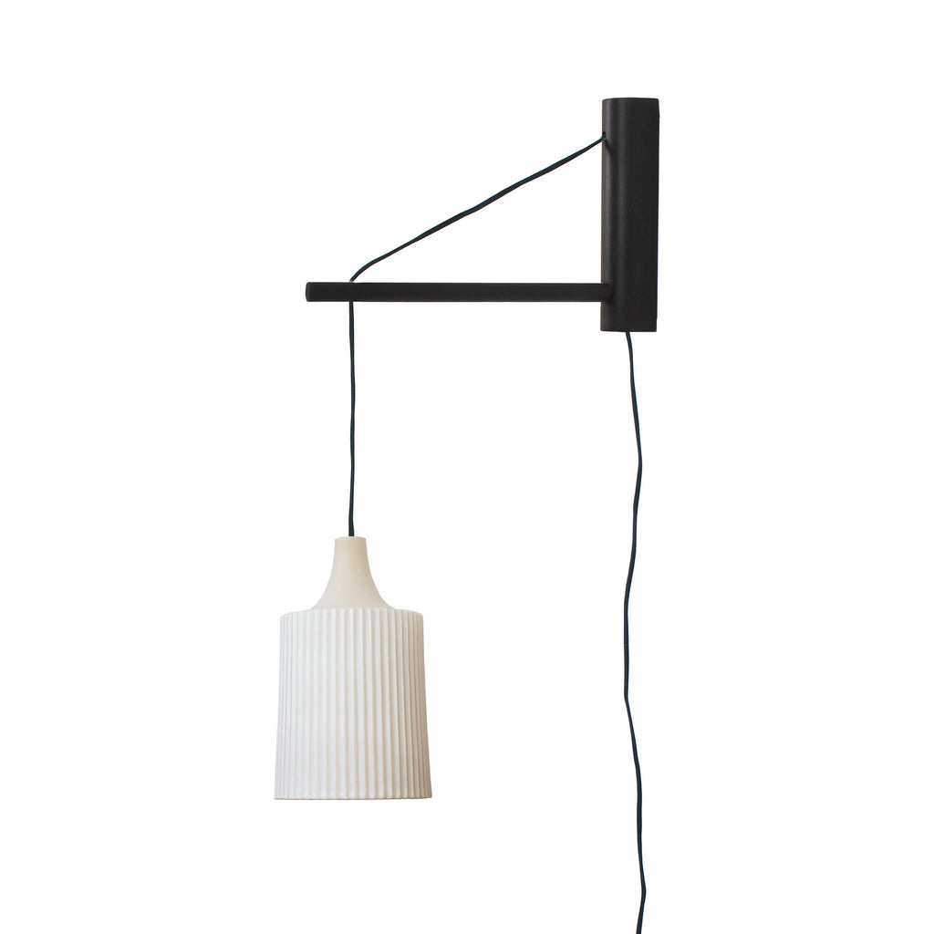 Tumwater 14" Wood Arm Sconce shown in Black Stained wood and a Black Plug-in Cord.