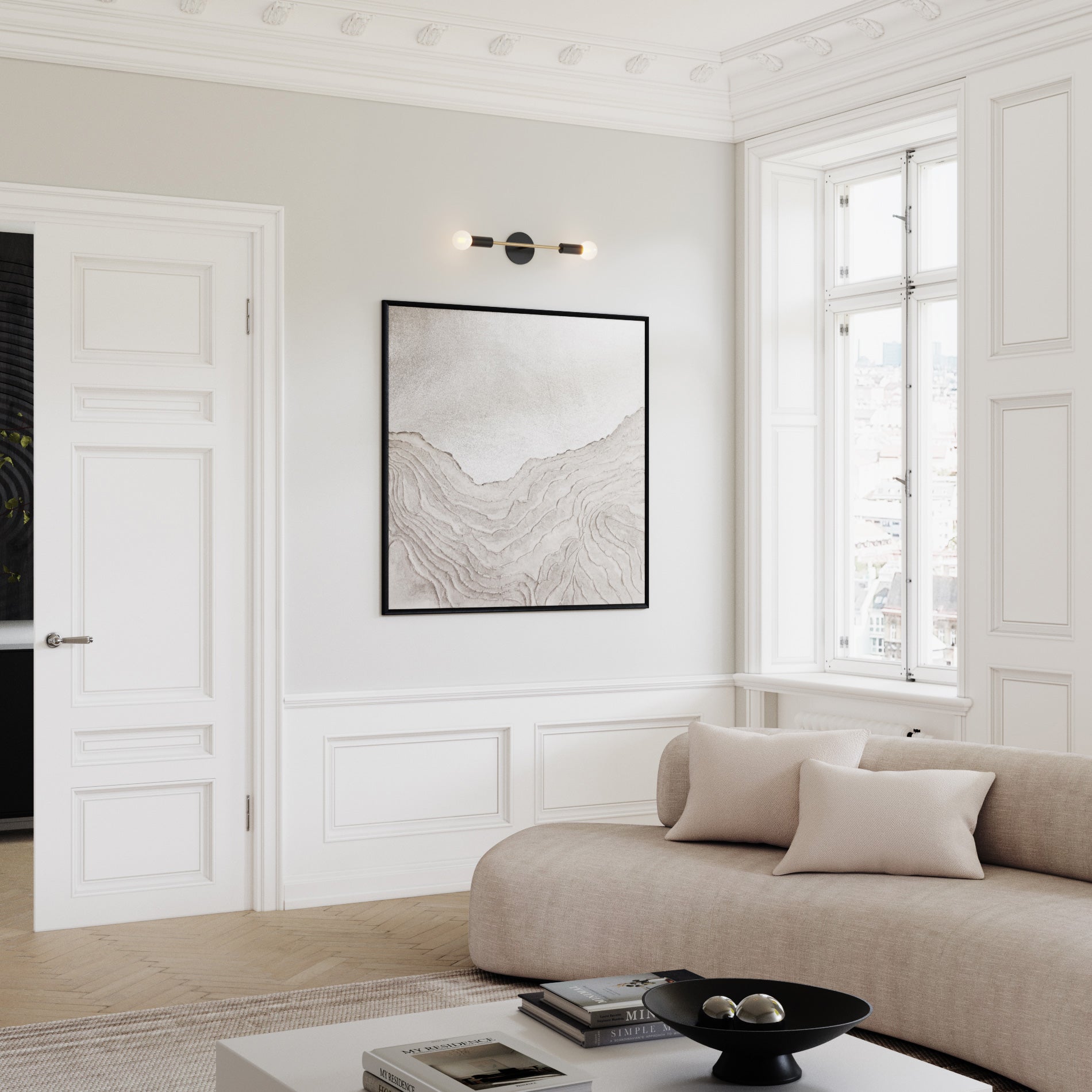 Venus Long shown in Matte Black cup and canopy finish with Brass accent finish